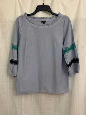 Talbots Petite Medium Blue & White Striped Boatneck Embroidered Poplin Blouse